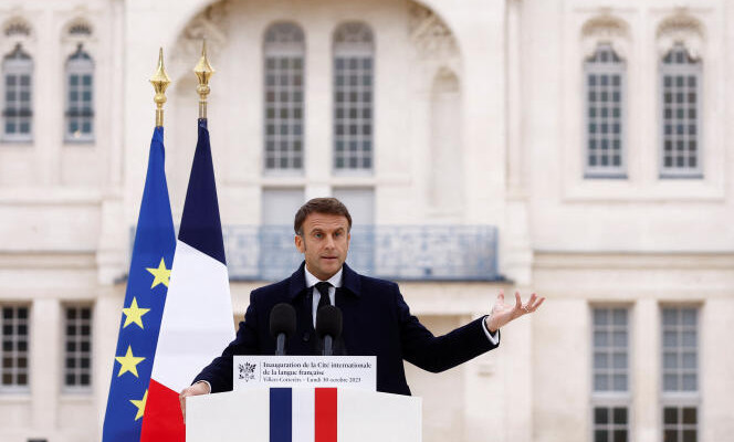 French President Emmanuel Macron gestures as he delivers a speech during the inauguration of the Cite internationale de la langue francaise, a cultural and living place dedicated to the French language and French-speaking cultures, in the castle of Villers-Cotterets, France, October 30, 2023. REUTERS/Christian Hartmann/Pool